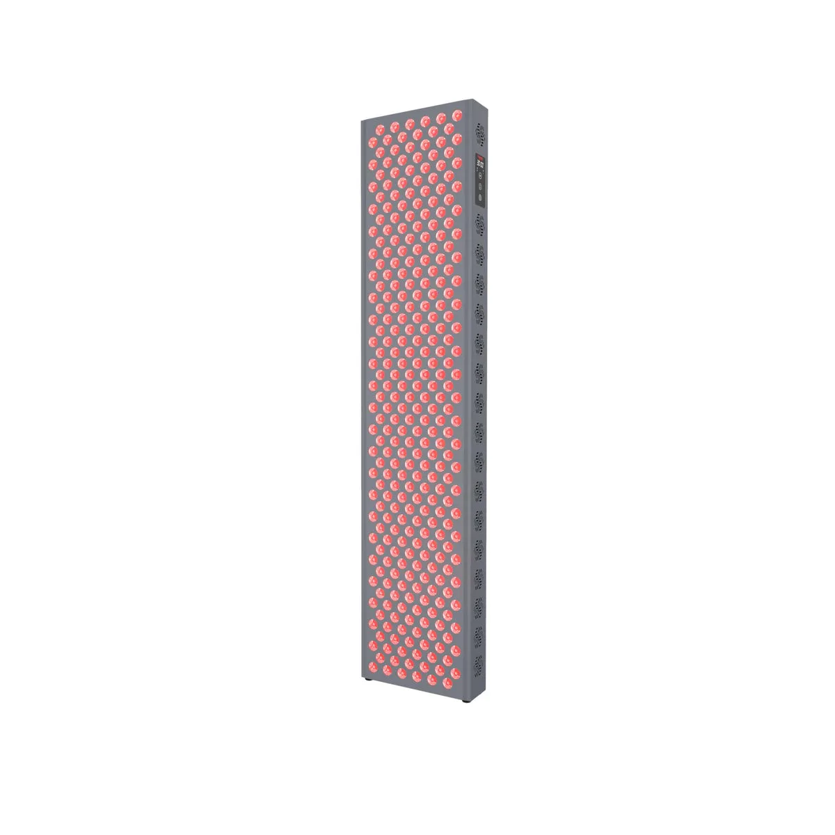The Hooga PRO1500, a tall narrow full-body panel densely packed with red LEDs, standing upright with a control display near the top