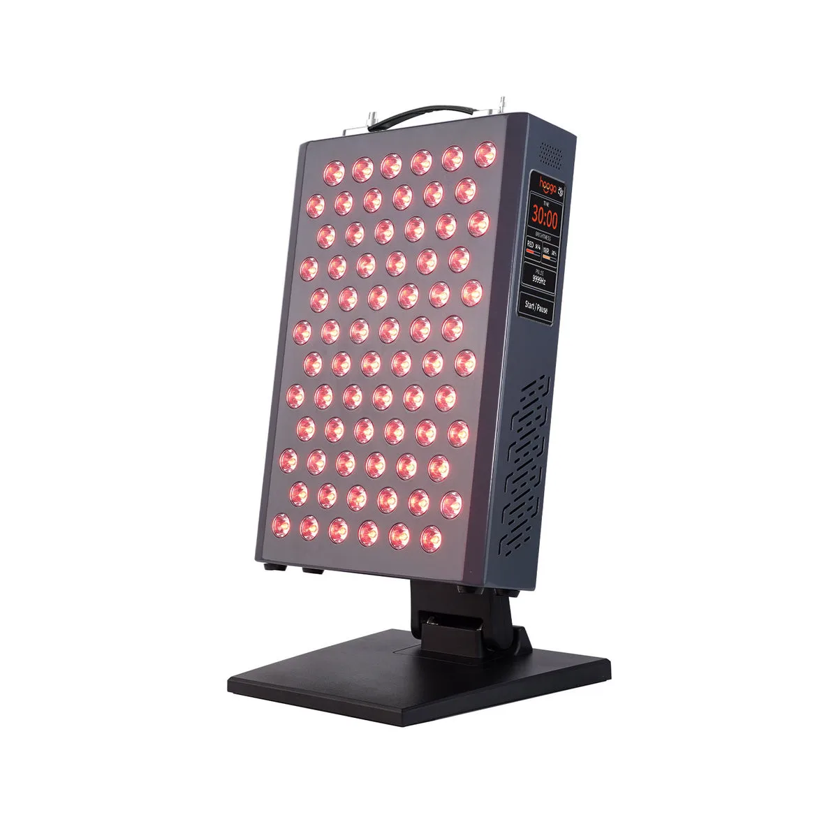 The Hooga ULTRA360 lit up on a desktop stand, with a display showing a thirty minute timer, separate red and near-infrared brightness levels and a pulse frequency setting