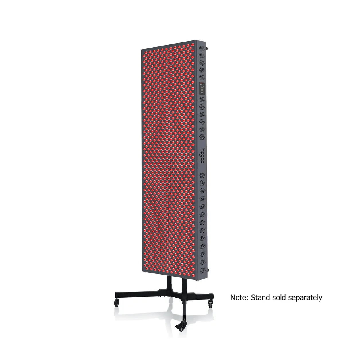 The Hooga ULTRA4500 XL panel mounted on a wheeled vertical stand, roughly the height of a person, with a note that the stand is sold separately