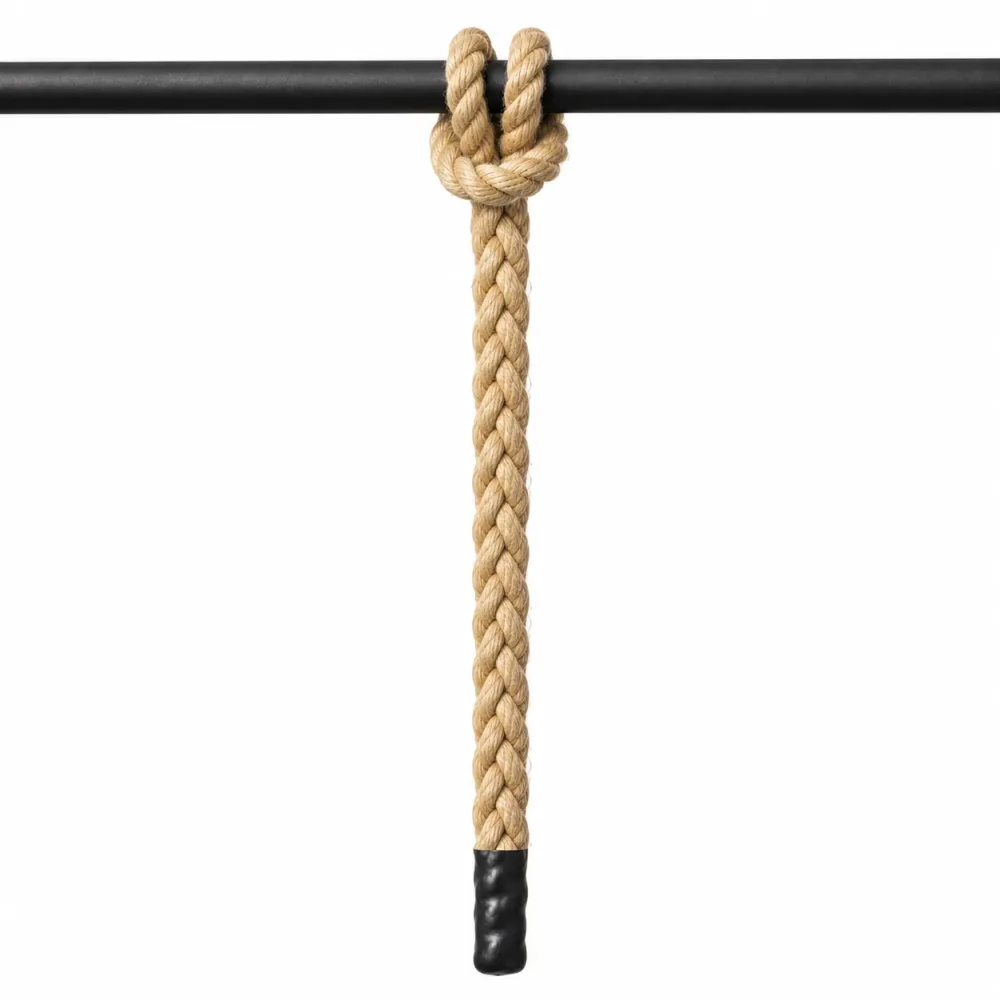 A natural jute EZ-ROPE knotted over a black pull-up bar, hanging down to a taped end