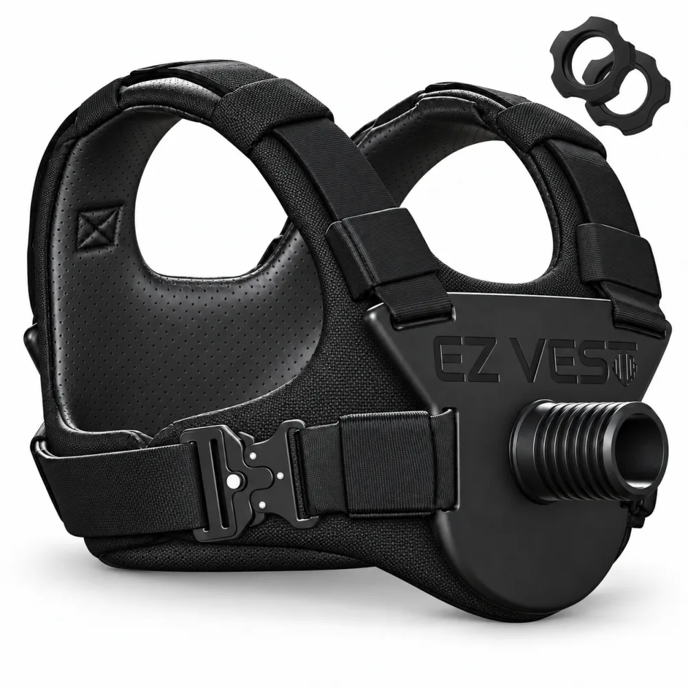 The Kensui EZ-VEST Max, a black harness style weighted vest with perforated leather shoulder padding, a metal quick release buckle across the chest and a threaded loading post on the front, shown with two collars