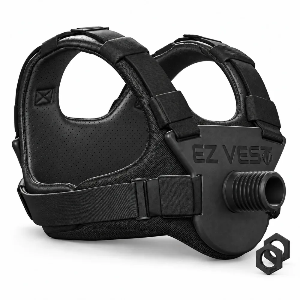 The Kensui EZ-VEST Pro, the same harness shape as the Max but closed with a plain velcro waist strap instead of a metal buckle, shown with two spin collars