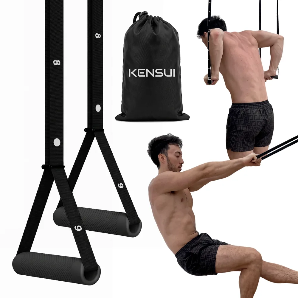 The Nanobars V2 suspension trainer, two knurled handles on numbered webbing straps shown with a Kensui drawstring bag and two people training on them