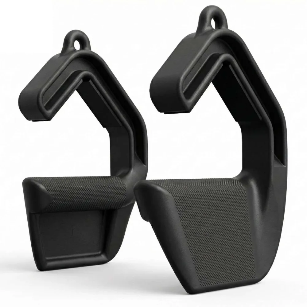 A pair of black Kensui Swissies V2 MAX handles, each a hook that clamps over a bar with a knurled grip and a wide fin shaped palm support below it