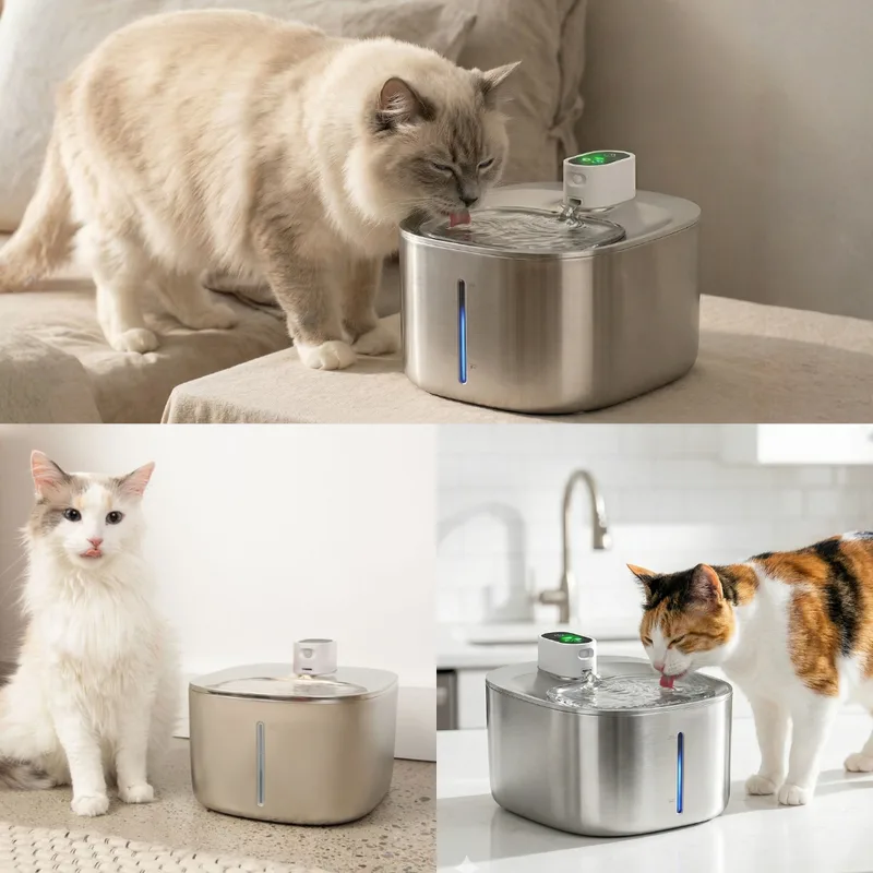 Three photos of cats drinking from a square stainless steel KittySpout fountain with a blue water-level window and a white pump module, shown on a sofa, a rug and a kitchen counter