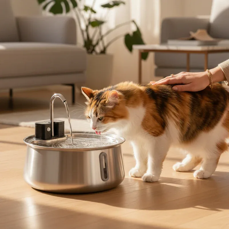 A calico cat drinking from a round stainless steel KittySpout fountain with an arched spout on a wood floor, while a person rests a hand on the cat's back