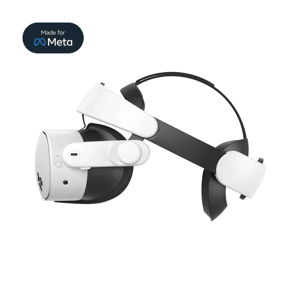 The KIWI design H4 Halo strap fitted to a Quest 3, showing the wide padded halo ring that sits around the head rather than against the cheeks