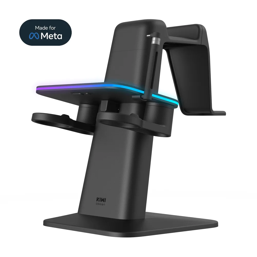 The KIWI design RGB vertical charging stand holding a Quest 3 headset upright with the two controllers docked either side, lit by coloured LEDs at the base
