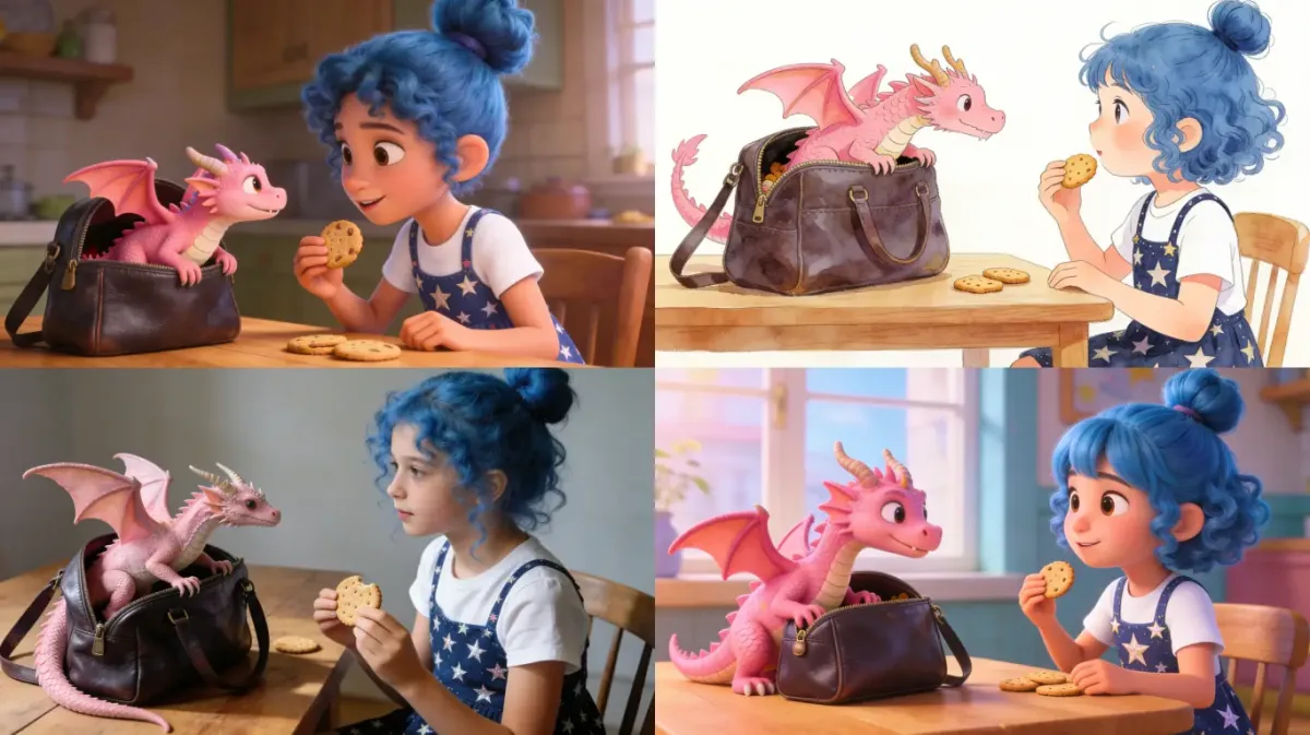 Best AI Long-Form Video Tools on MagicLight: What a Minute Actually Costs 6 Four panels of the same animated scene showing a blue-haired girl and a pink dragon sitting in a leather bag