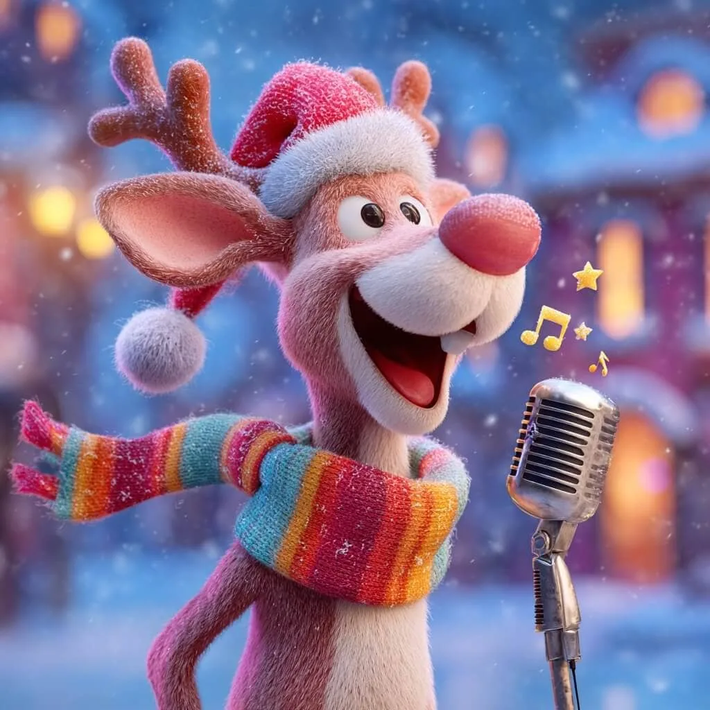 Best AI Long-Form Video Tools on MagicLight: What a Minute Actually Costs 3 Cartoon reindeer in a striped scarf and santa hat singing into a vintage microphone in falling snow