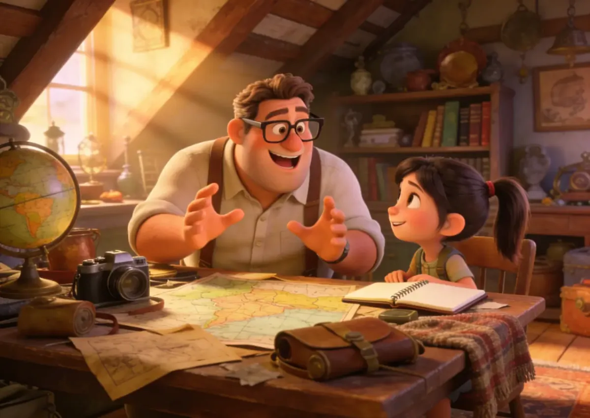 Best AI Long-Form Video Tools on MagicLight: What a Minute Actually Costs 2 Animated man in glasses talking to a girl across a desk covered in maps and a globe