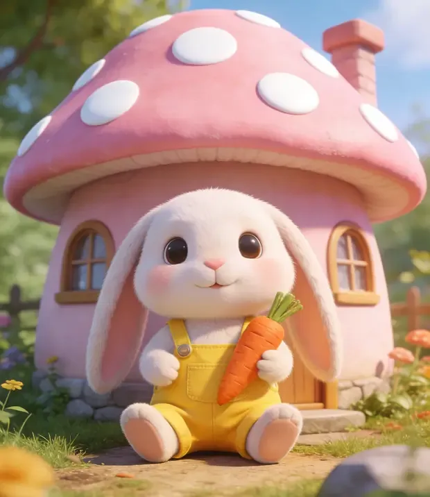 Best AI Long-Form Video Tools on MagicLight: What a Minute Actually Costs 7 Fluffy white rabbit in yellow dungarees holding a carrot in front of a pink mushroom house