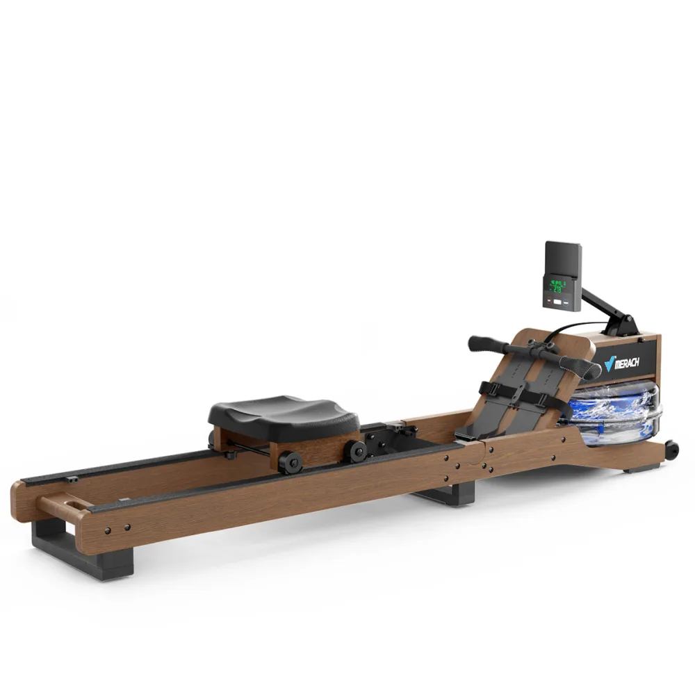 Merach CoreRow R300 water rowing machine with a rubberwood frame, clear water tank at the front showing agitated water and a small black monitor on an adjustable arm