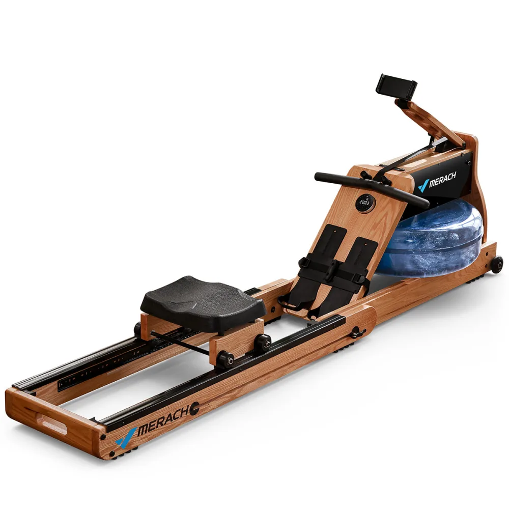Merach NovaRow 950 dual resistance rowing machine with an oak frame, a clear blue water tank at the front, black seat on a steel rail and a tablet holder above the handle
