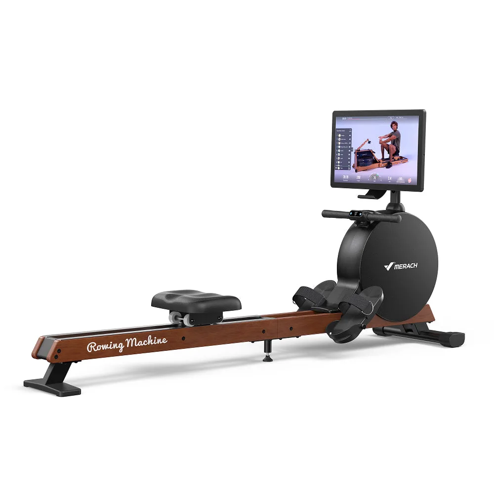 Merach NovaRow R7 Aura magnetic rowing machine with a wood-finish rail, black flywheel housing and a large rotating screen mounted above the handle showing a rowing class