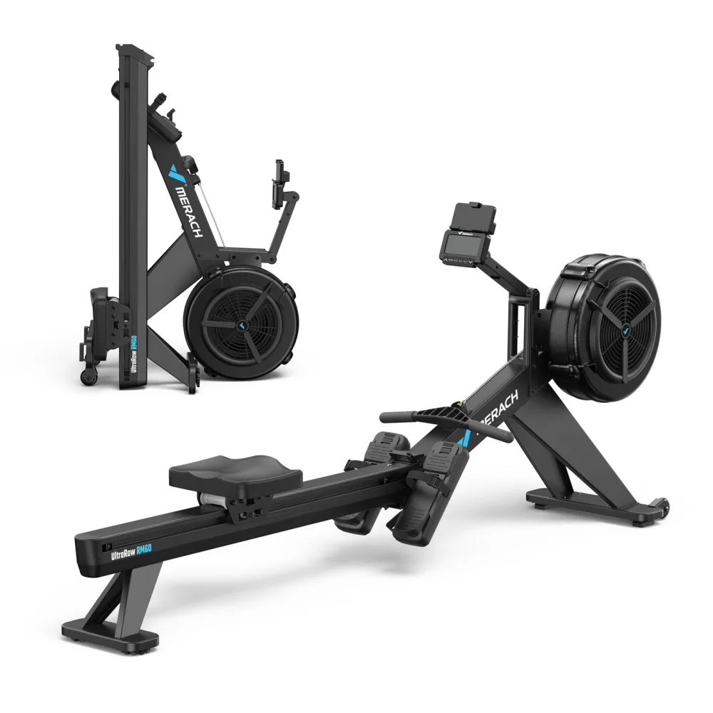 Merach UltraRow R60N rowing machine shown assembled and folded upright for storage, with a large black fan housing, cast aluminium rail and a compact monitor