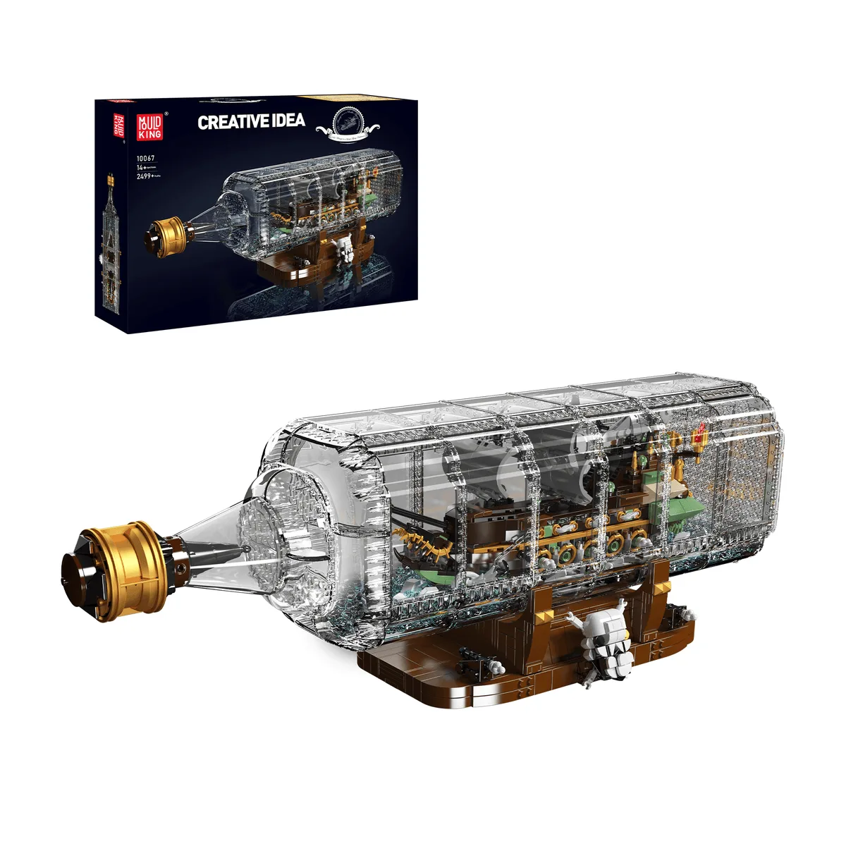 Best RC and Motorized Construction Building Sets for Adults (2026 Guide) 4 The 10067 ship-in-a-bottle set: a brown sailing ship enclosed in a transparent brick-built bottle with a gold cap, mounted on a wooden-look stand