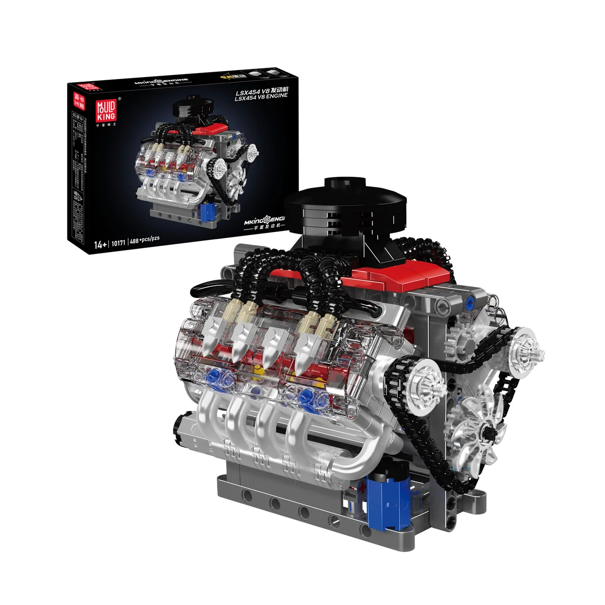 Best RC and Motorized Construction Building Sets for Adults (2026 Guide) 3 The 10171 LSX454 V8 engine model with transparent cylinder walls showing the pistons, a black air filter on top and chain-driven pulleys at the side