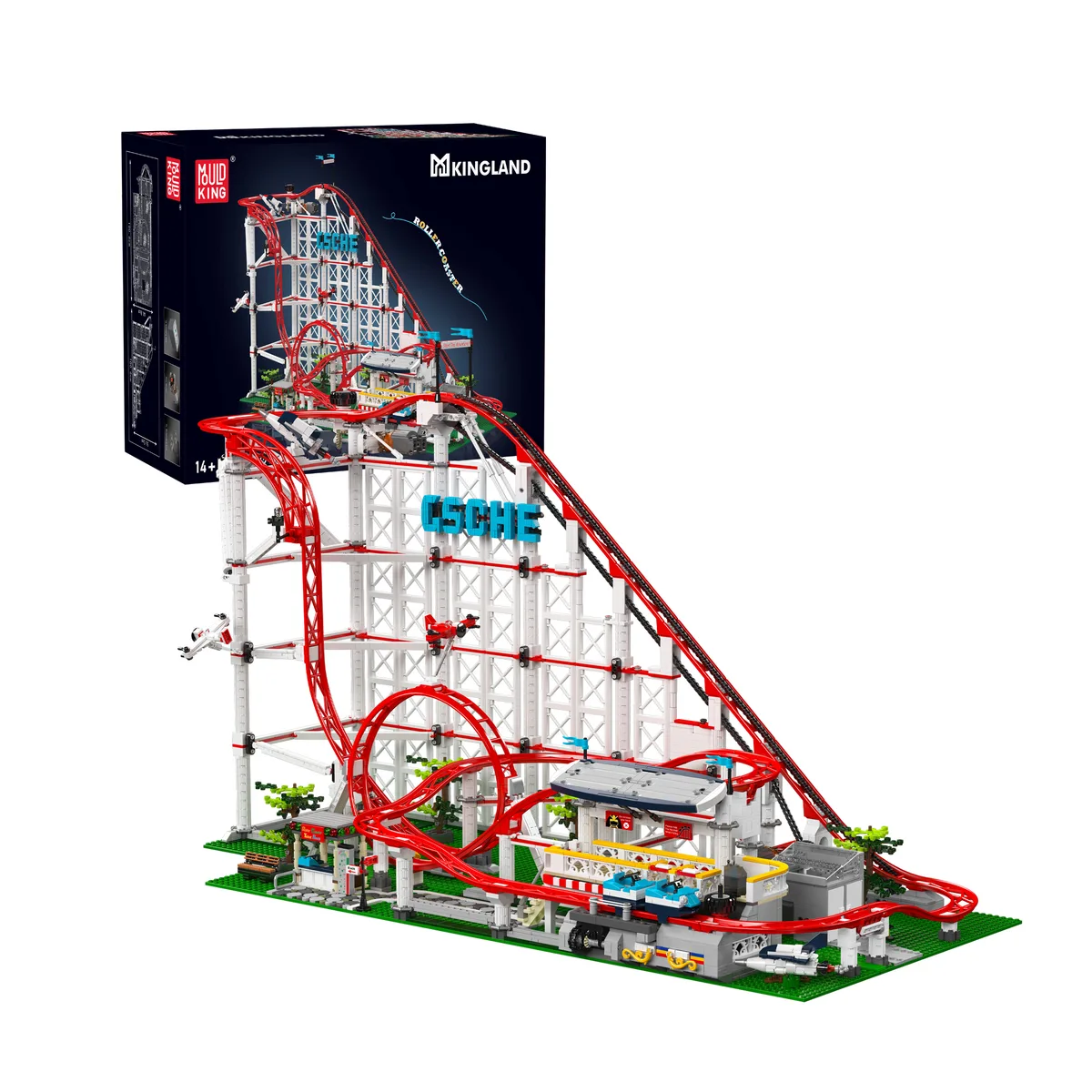 Best RC and Motorized Construction Building Sets for Adults (2026 Guide) 2 The 11014 roller coaster built in red track and white lattice framework with a loop, station platform and lift hill, shown beside its retail box