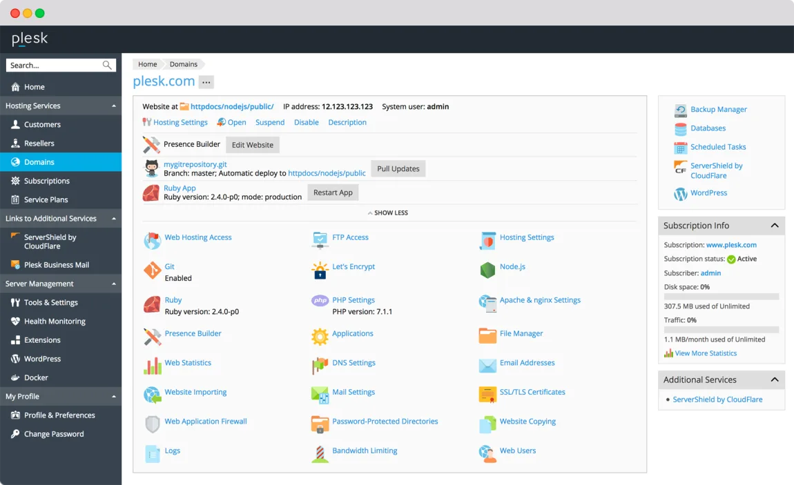 Plesk control panel showing the management screen for a single domain, with a left sidebar of hosting services and a grid of tools including FTP access, Git, Let's Encrypt, Node.js, PHP settings, file manager, DNS settings, SSL certificates and a web application firewall