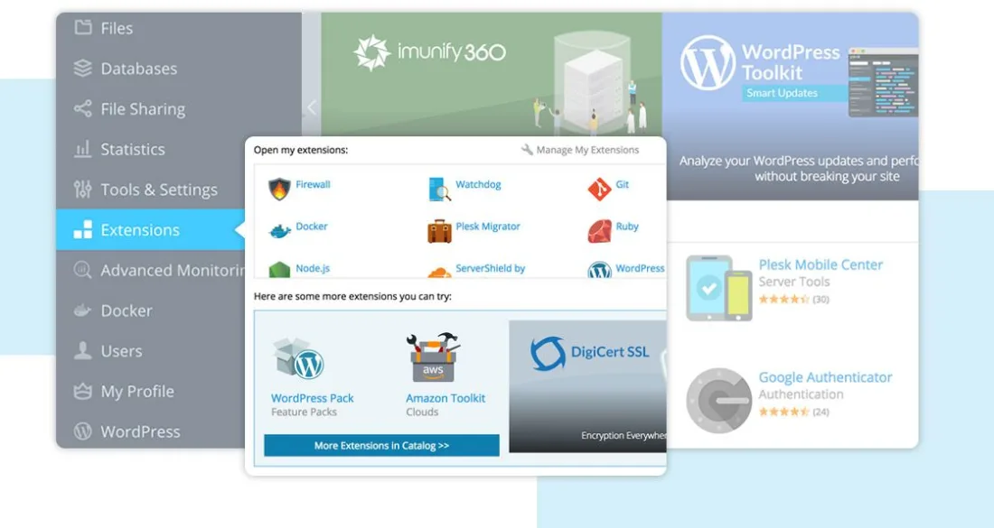 Plesk extensions screen showing installed extensions including Firewall, Watchdog, Git, Docker, Plesk Migrator, Ruby and Node.js, alongside catalogue entries with star ratings