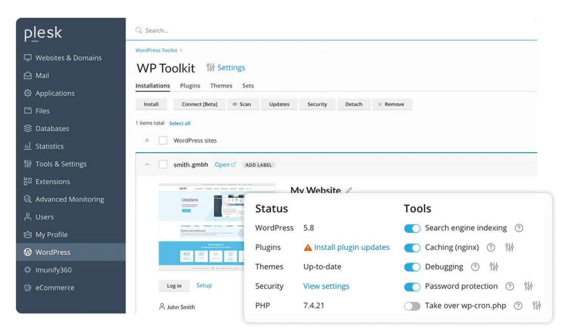 Plesk WP Toolkit screen listing a WordPress installation with tabs for installations, plugins, themes and sets, a status panel showing WordPress and PHP versions and a plugin update warning, and toggles for search engine indexing, caching, debugging and password protection