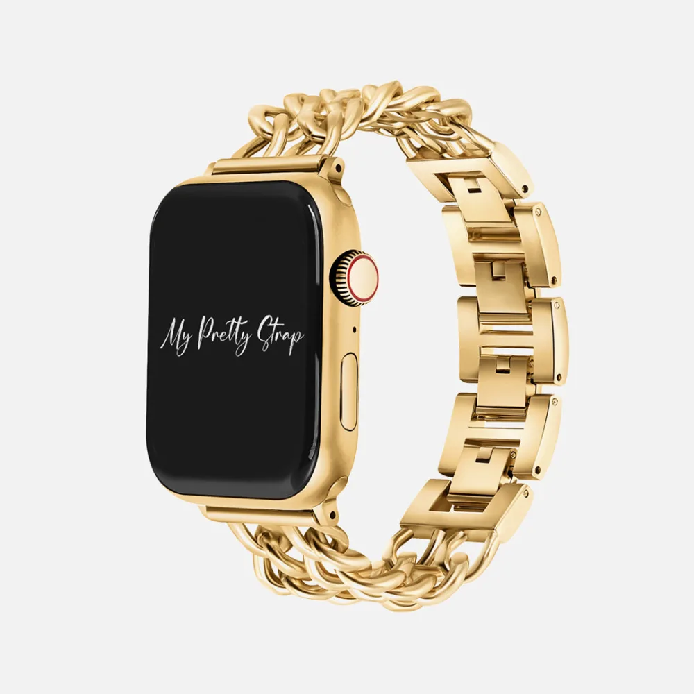 Best Apple Watch Bands That Look Like Jewelry 2 A gold Apple Watch on a strap made of two parallel curb chains joined to a flat link bracelet section
