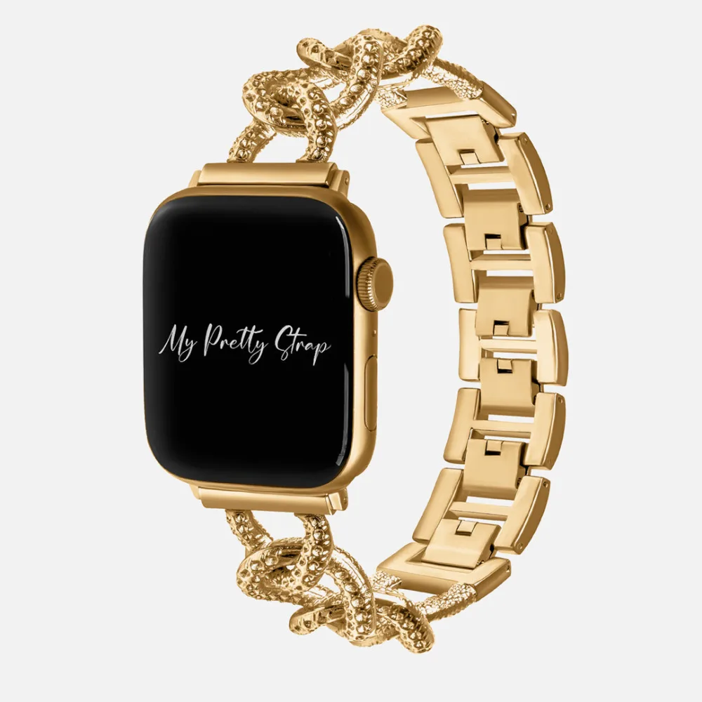 Best Apple Watch Bands That Look Like Jewelry 3 A gold Apple Watch on a bracelet strap that combines beaded textured chain links with a flat polished link section