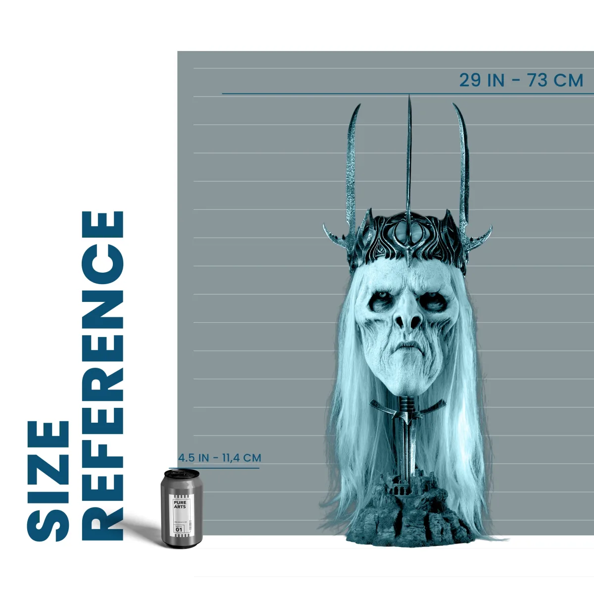 A size reference chart showing the Nazgul King mask at 29 inches or 73 cm tall next to a 4.5 inch drinks can for scale