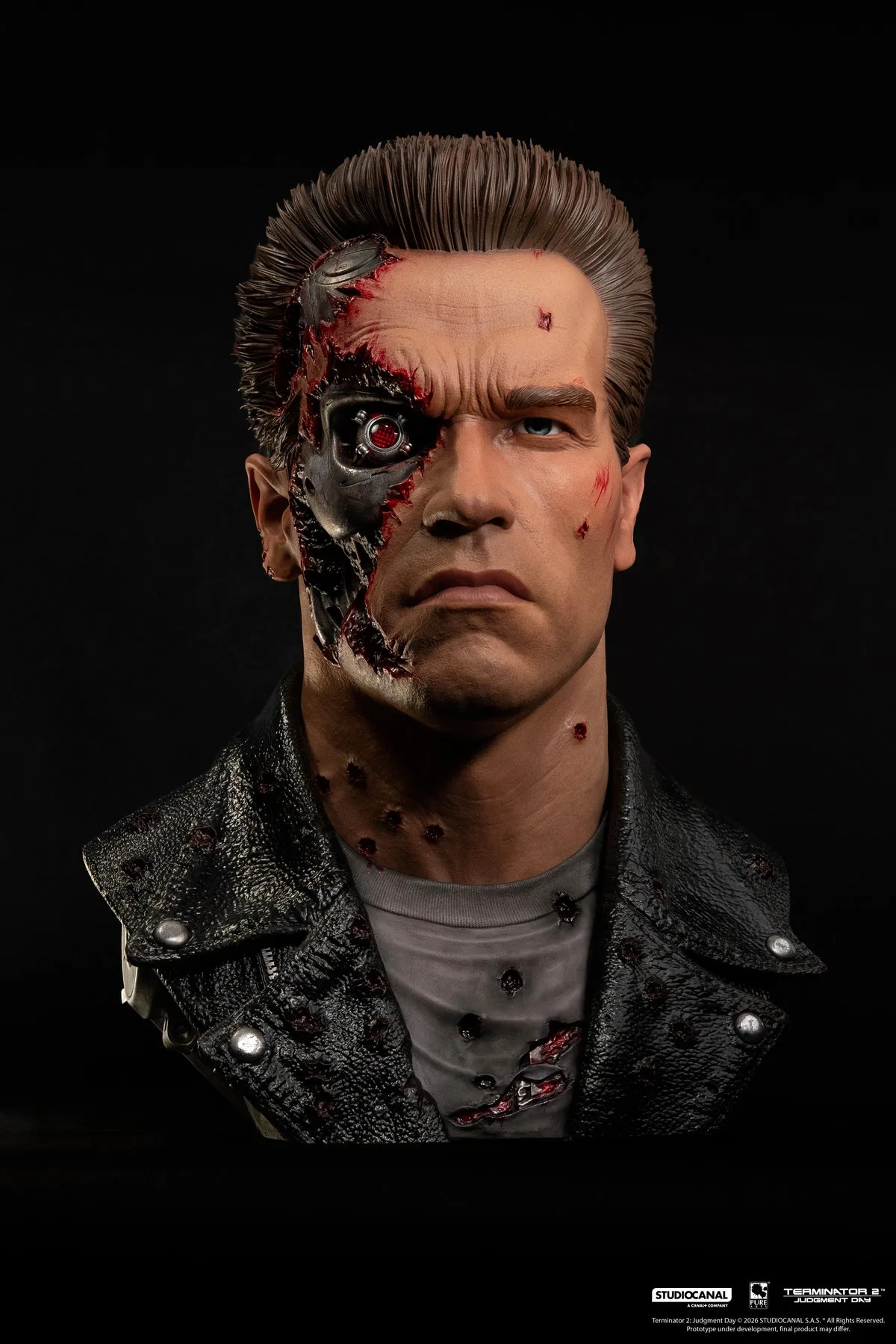 The battle damaged T-800 art mask on a black background, the exposed left side showing a glowing red endoskeleton eye beside the intact human face
