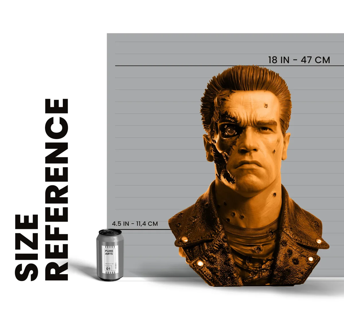 A size reference chart for the T-800 art mask showing its height next to a drinks can for scale