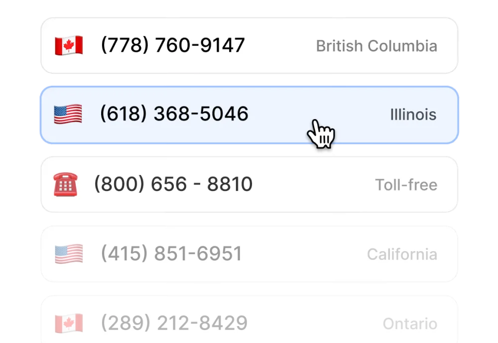Quo number selection screen listing available numbers with country flags and regions including British Columbia, Illinois, a toll-free number, California and Ontario