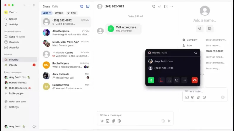 Quo desktop app showing a shared team inbox with a conversation list, an active inbound call overlay with recording and keypad controls, a contact panel on the right and Sona AI agent in the left sidebar