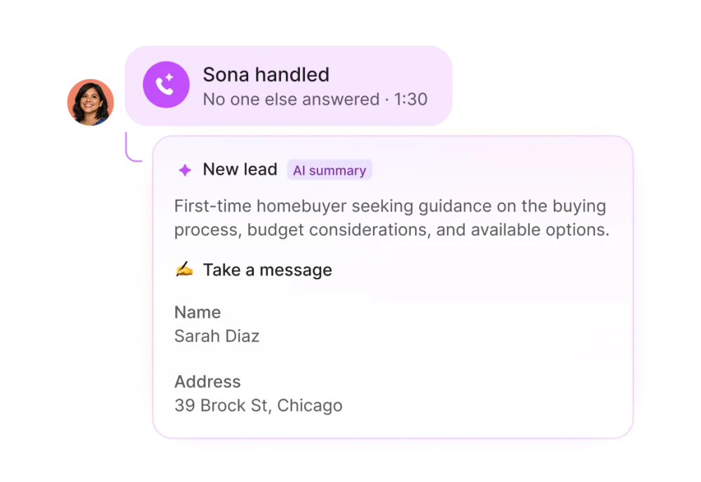 Quo conversation thread showing a Sona handled badge reading no one else answered after one minute thirty, followed by an AI summary card labelled new lead with a captured name and address