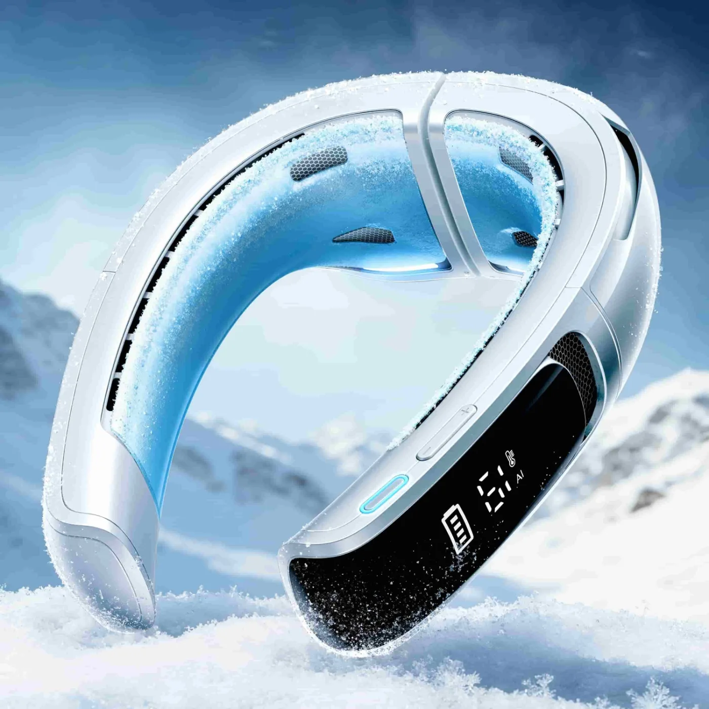 The white Ranvoo Aice Lite Max wearable neck cooler, a horseshoe-shaped device with frosted blue contact plates on the inside and a small display, photographed against snow