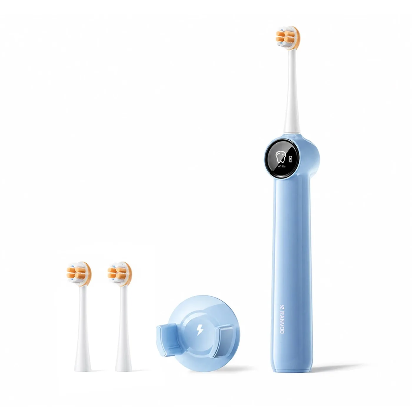 The pale blue Ranvoo AirJet X3 Enamel with its display showing White mode and a battery icon, pictured with two spare brush heads and a round wall-mounted charging base