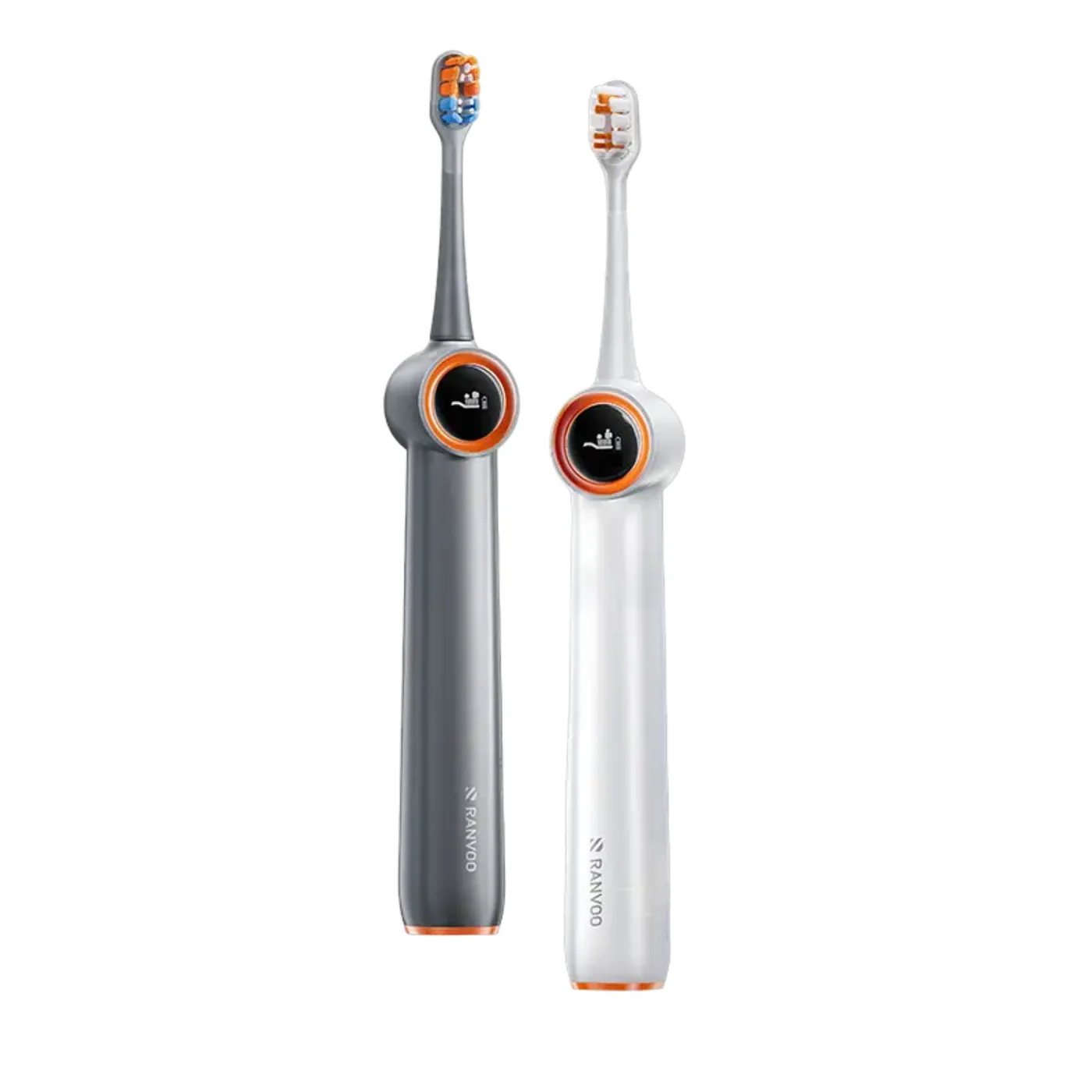 Two Ranvoo AirJet X3 toothbrushes side by side in grey and white, each with an orange-ringed round display and a conventional oval brush head