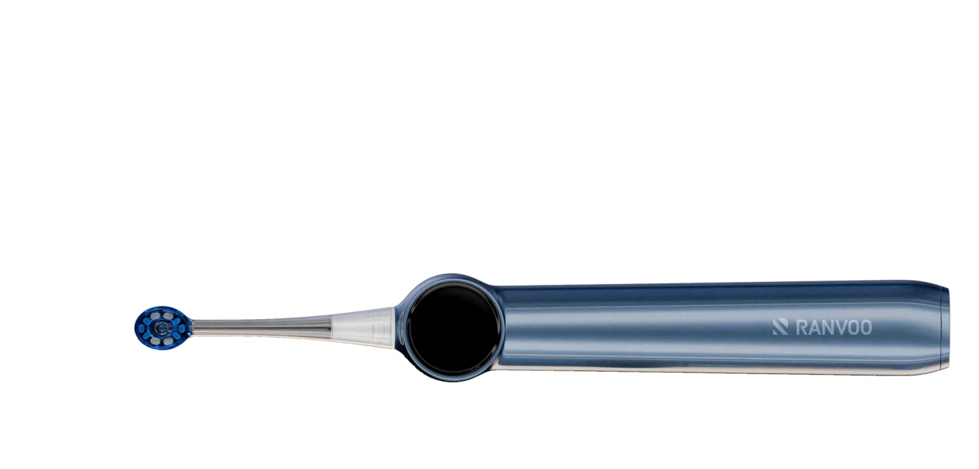 The blue Ranvoo AirJet X5 lying horizontally, showing the round black touch display set into the handle, the RANVOO logo and the small circular brush head on a slim neck