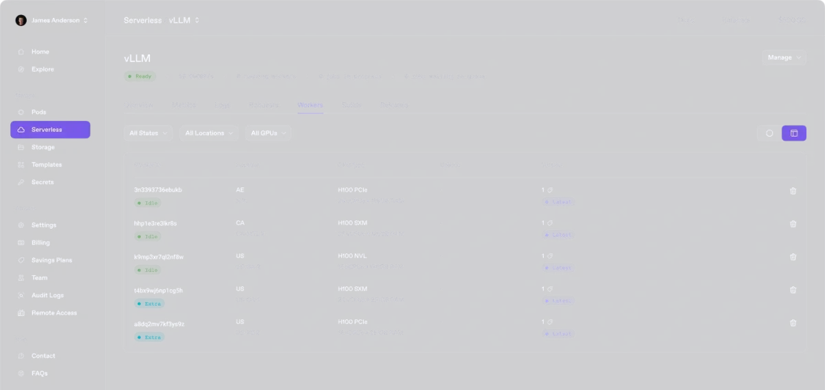 Best Cloud GPUs on Runpod: What Each Pricing Tier Actually Costs 3 Runpod console listing the workers behind a Serverless endpoint named vLLM