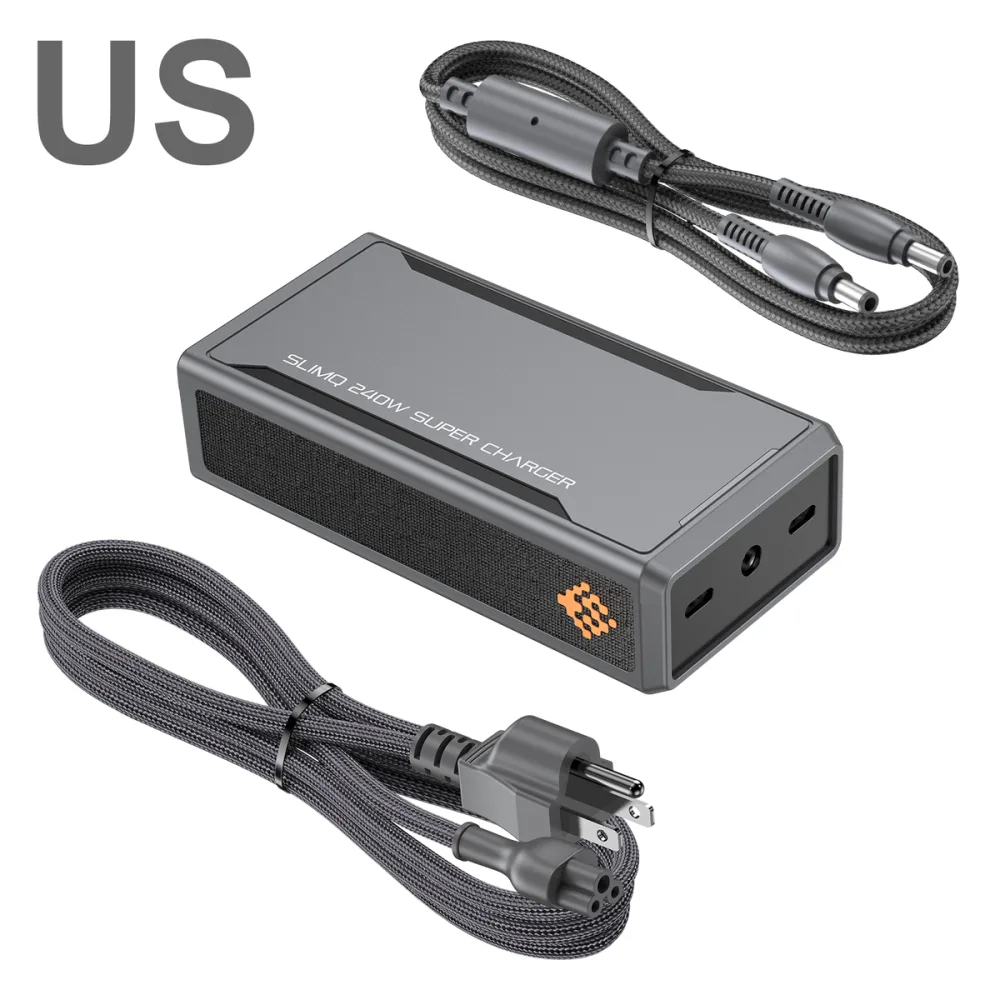 The SlimQ 240W charger in grey with a soft-touch side panel, showing its DC output socket alongside USB-C ports