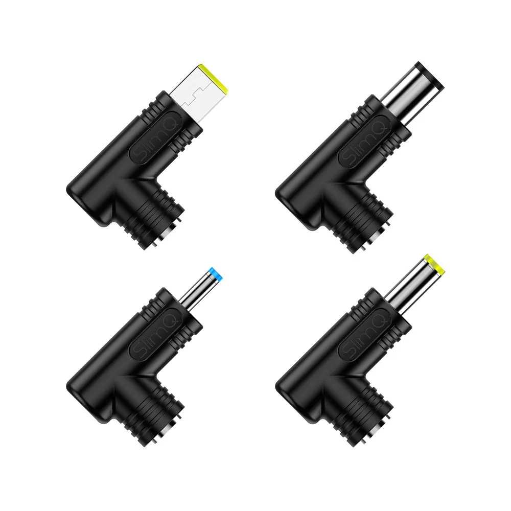 Four SlimQ right-angle DC converter tips on a white background, each with a different laptop connector including a rectangular Lenovo slim tip and three barrel tips in different sizes