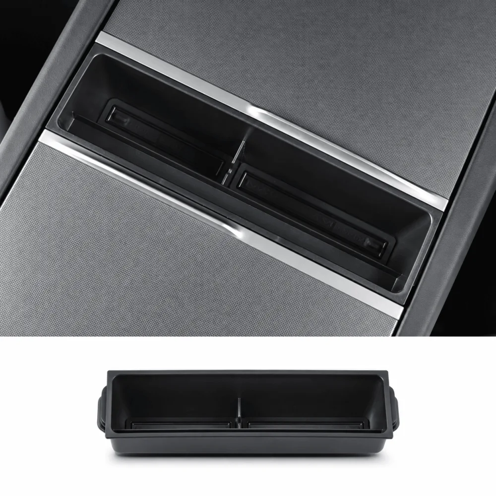 A shallow black divided tray fitted into the open centre console of a Tesla Model Y Juniper, shown installed above and as a separate part below