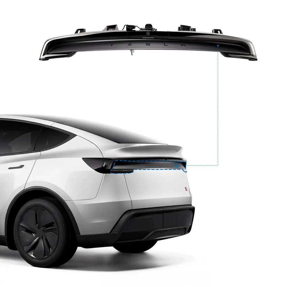 A full width rear light bar unit shown above a white Tesla Model Y Juniper, with the fitting area on the tailgate marked by a dashed blue outline