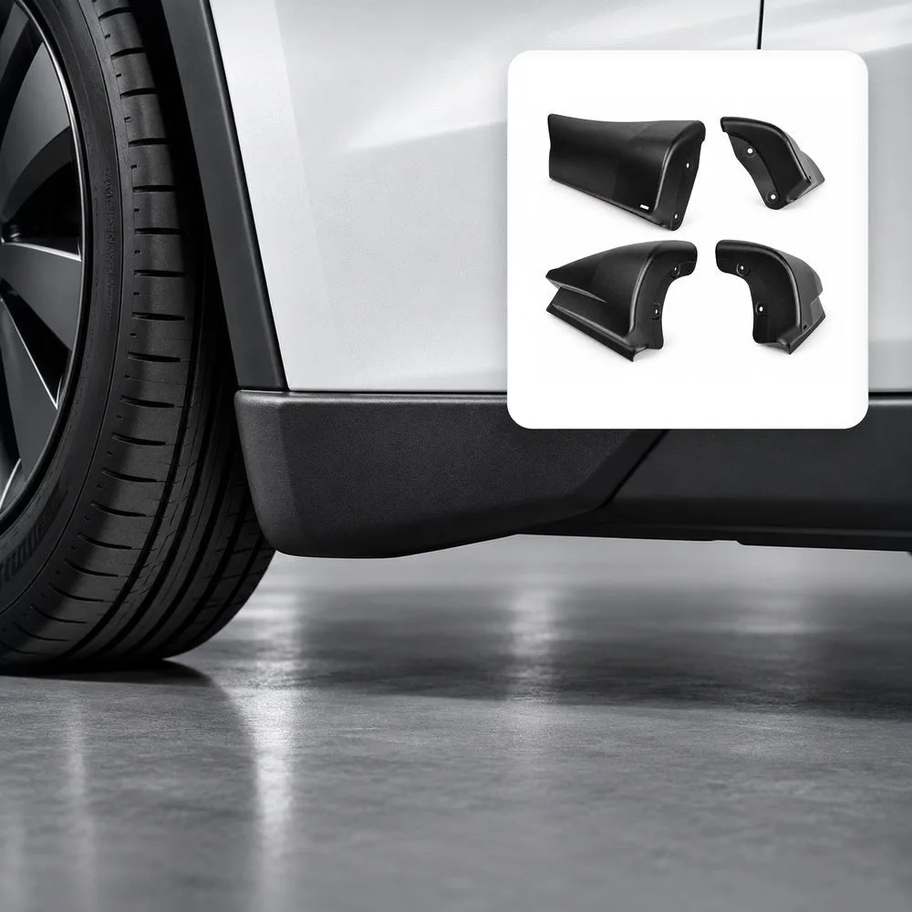 A black mud flap fitted behind the front wheel of a white Tesla, with an inset photo showing all four pieces of the set