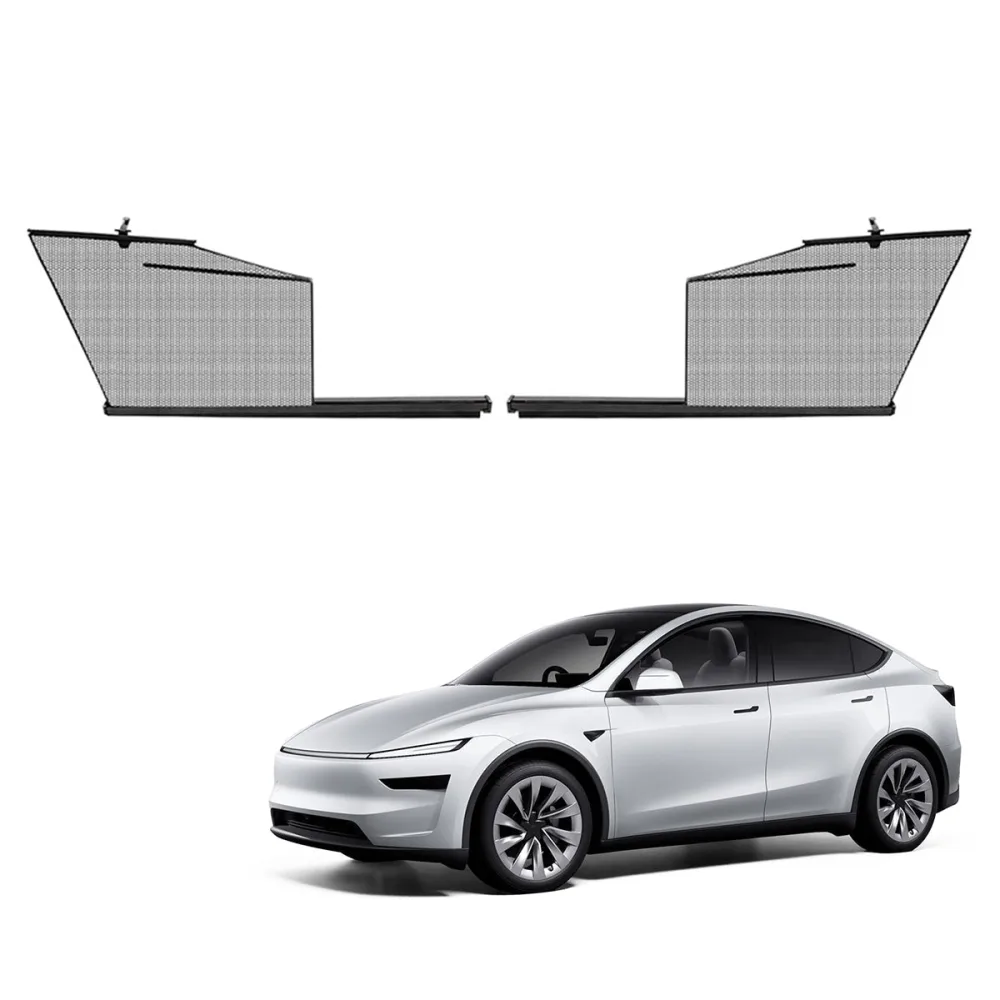 Two black mesh retractable window shade panels shown above a white Tesla Model Y Juniper seen from the side