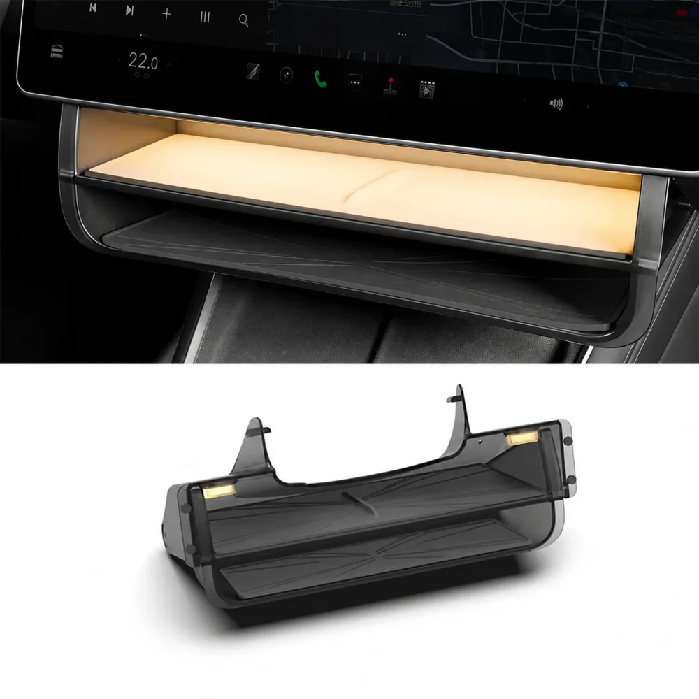 A pull-out storage tray fitted below the Tesla centre touchscreen with a warm LED strip lighting the inside, shown installed above and as a separate part below