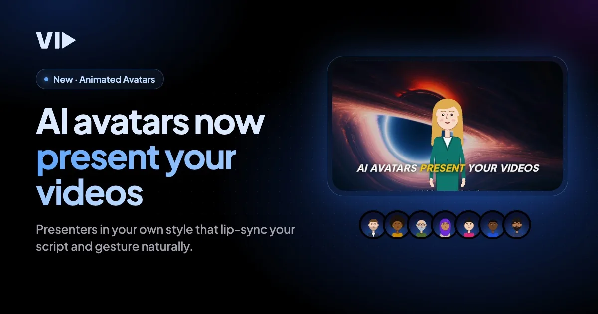 Best Faceless Video Tools on Vid.AI: What Each Plan Really Makes 6 Vid.AI banner reading AI avatars now present your videos with an illustrated presenter over a black hole scene