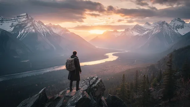 Best Faceless Video Tools on Vid.AI: What Each Plan Really Makes 2 Hiker with a backpack on a rocky outcrop looking over a river valley between snowy mountains at sunset