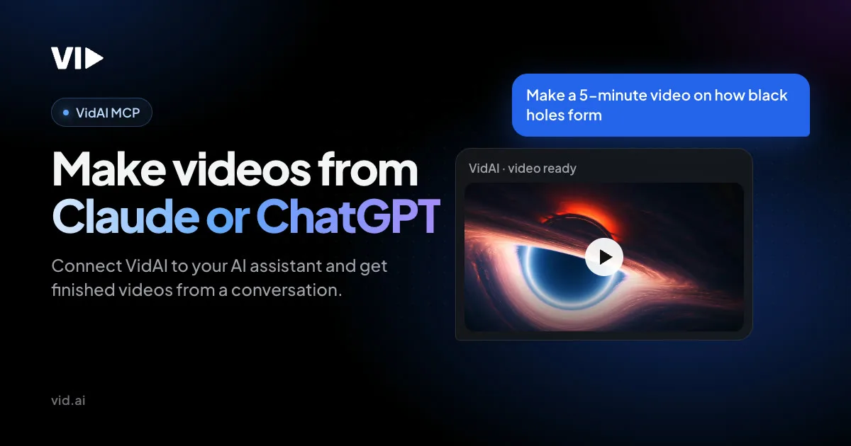 Best Faceless Video Tools on Vid.AI: What Each Plan Really Makes 3 Vid.AI banner reading make videos from Claude or ChatGPT beside a video of a black hole