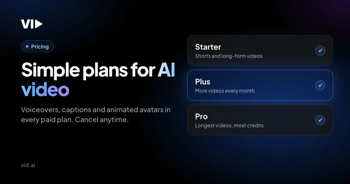 Best Faceless Video Tools on Vid.AI: What Each Plan Really Makes 1 Vid.AI pricing banner listing the Starter, Plus and Pro plans